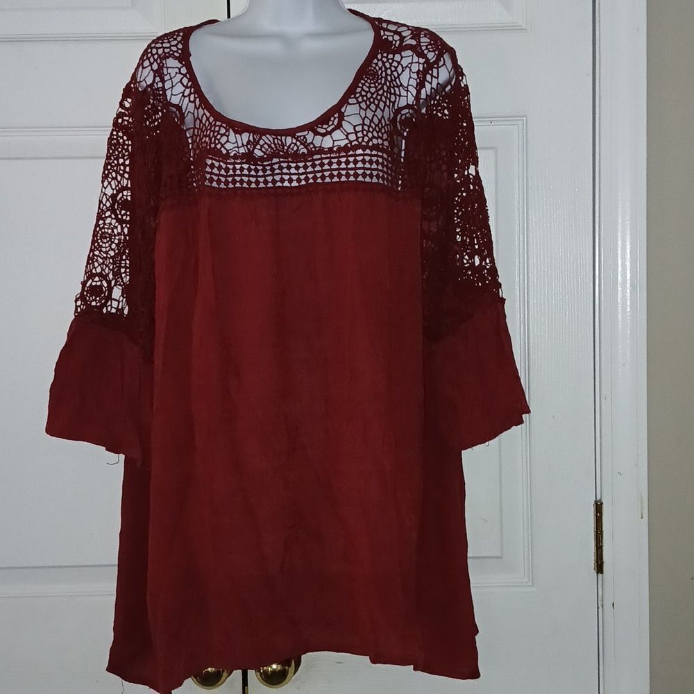 Forgotten Grace wine color crochet tunic blouse bell sleeve  Sz 3X